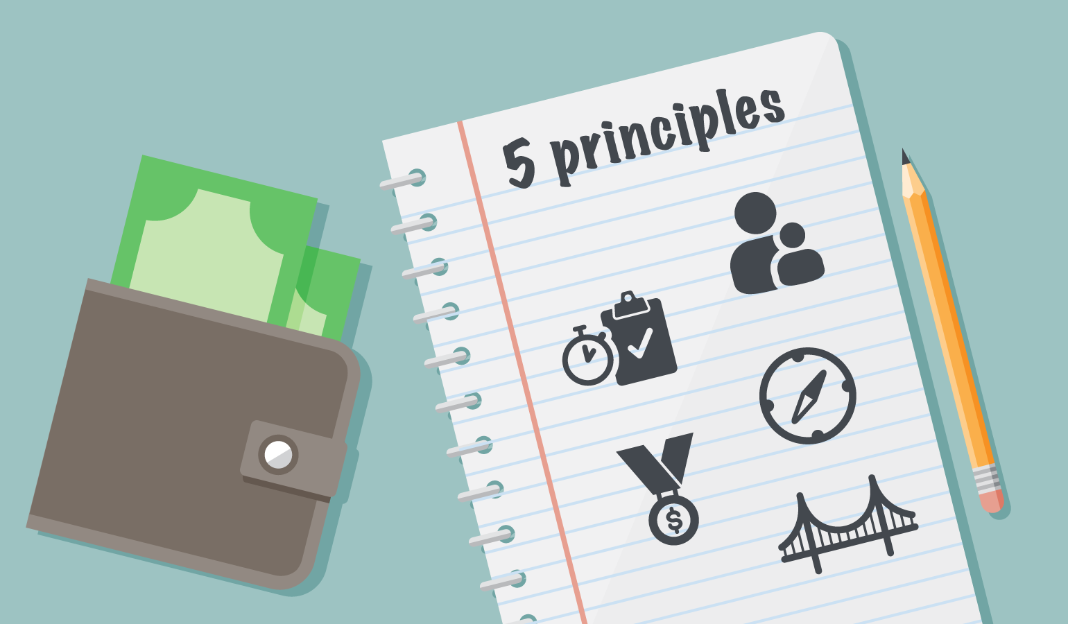 Notebook sketch of icons showing 5 financial education principles