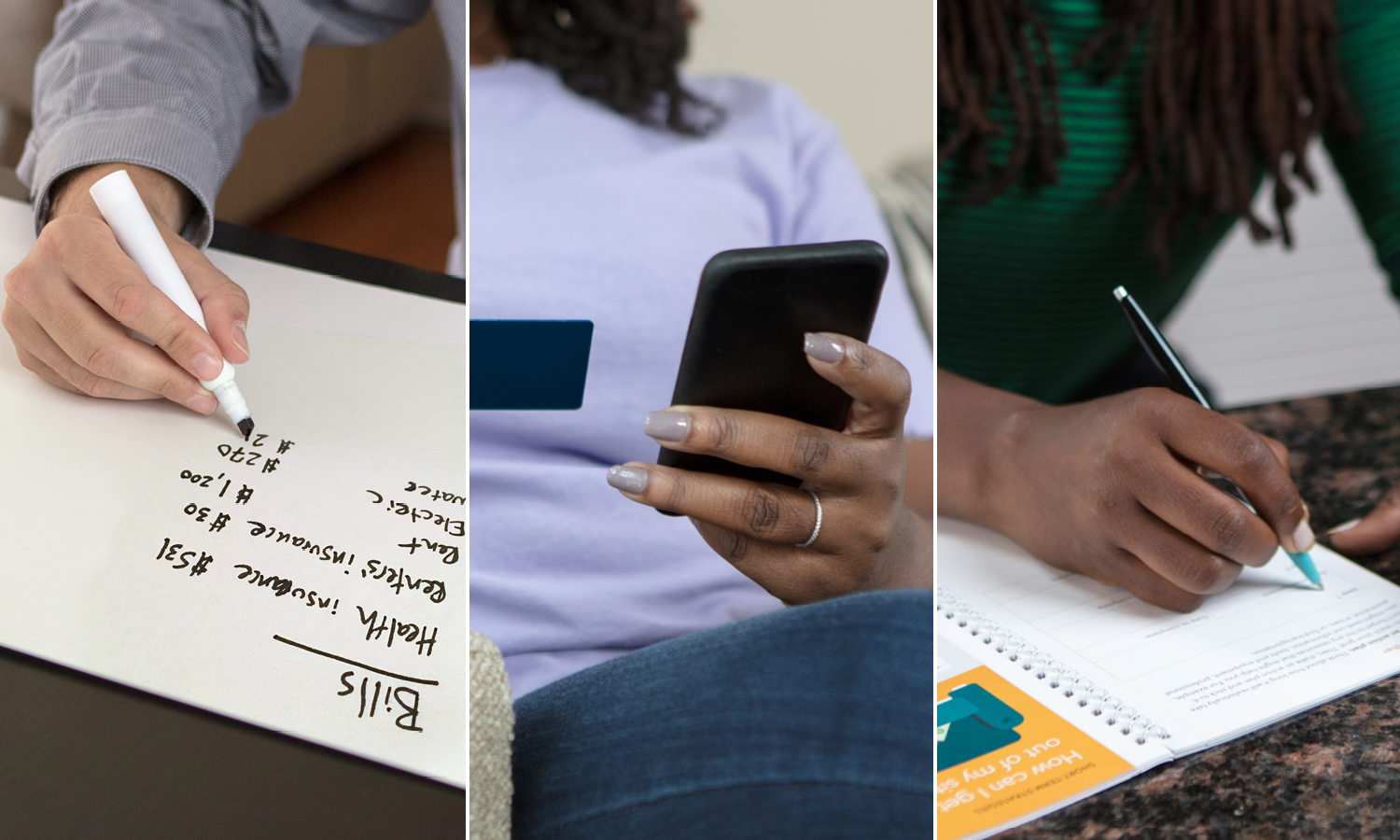 Photo of people writing lists and paying bills on a mobile phone