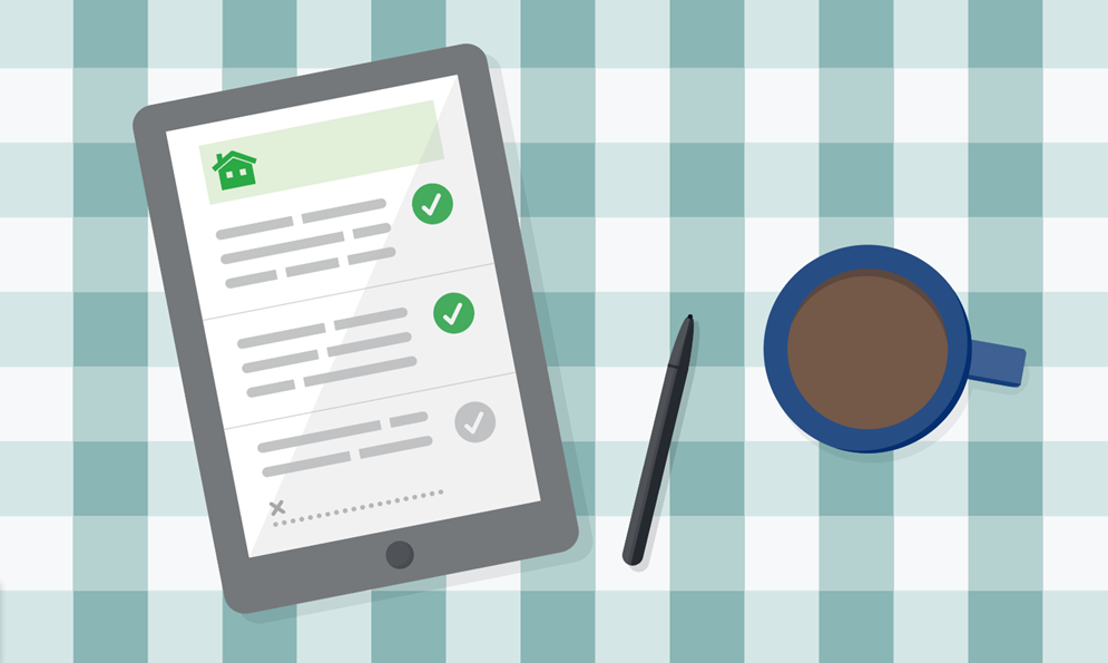 Checklist on an iPad next to a cup of coffee