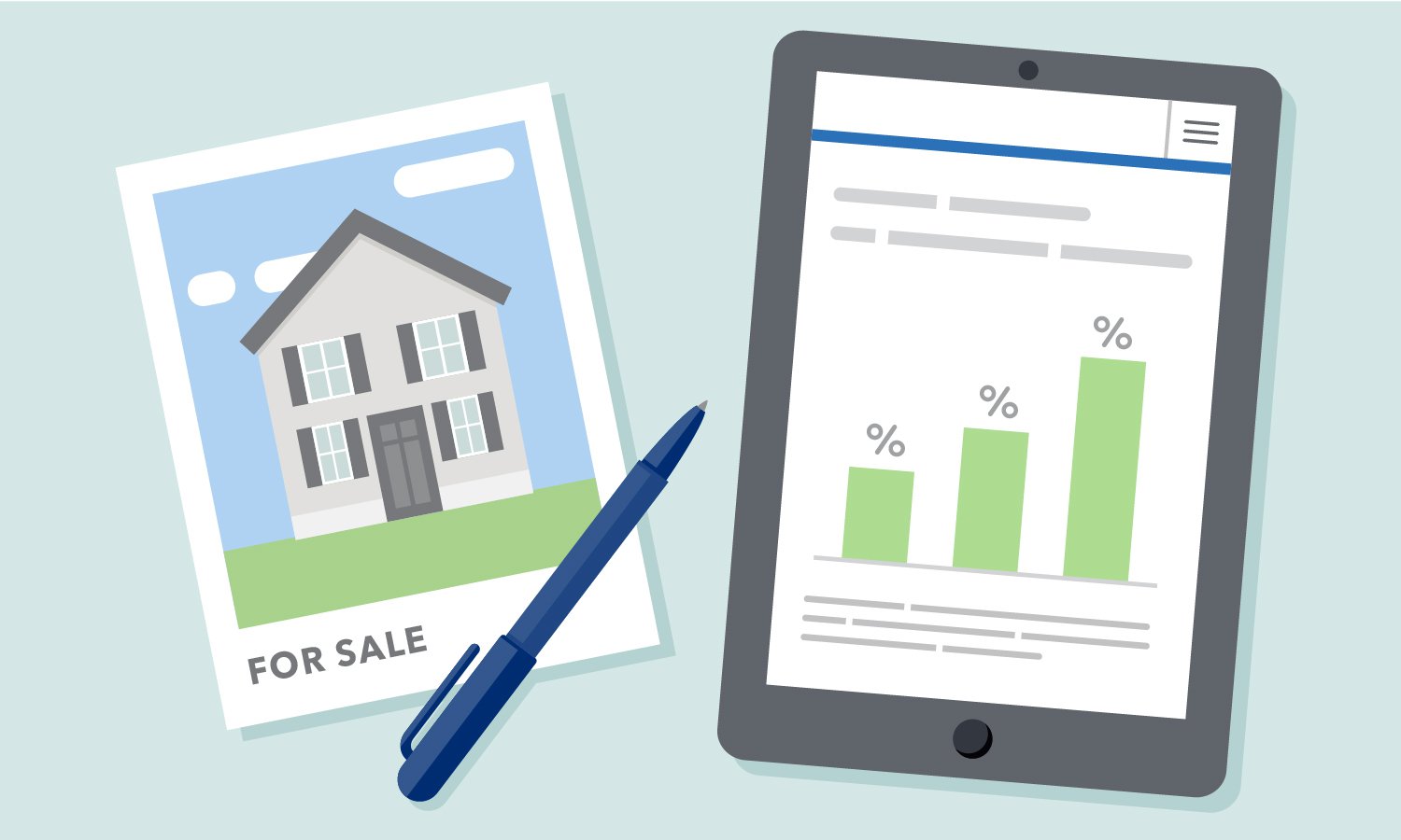 Photo of a home for sale next to an iPad displaying a bar graph