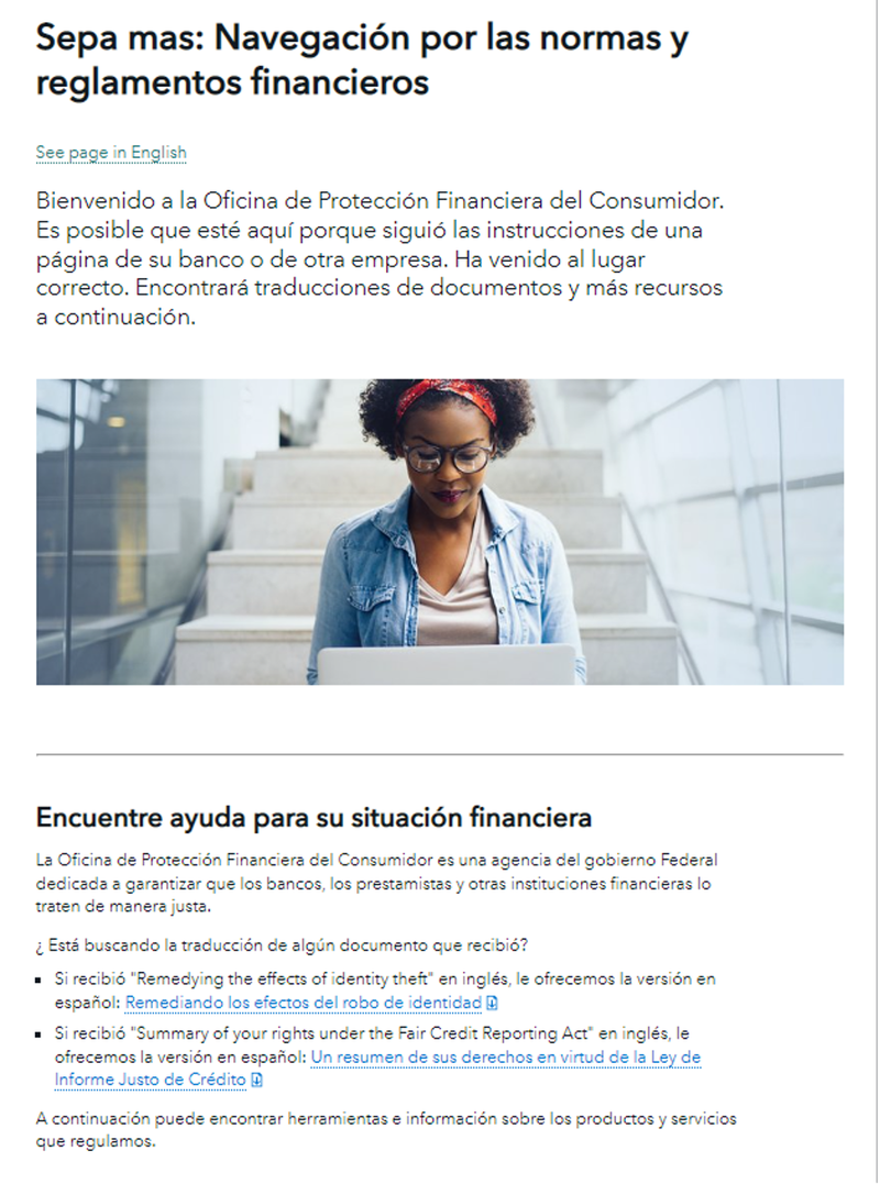 La versión anterior de la página consumerfinance.gov/es/sepa-mas mostraba una larga lista de links y archivos PDF para que los visitantes pudieran encontrar respuestas a sus preguntas sobre dinero, y recursos específicos sobre informes de crédito y el robo de identidad.