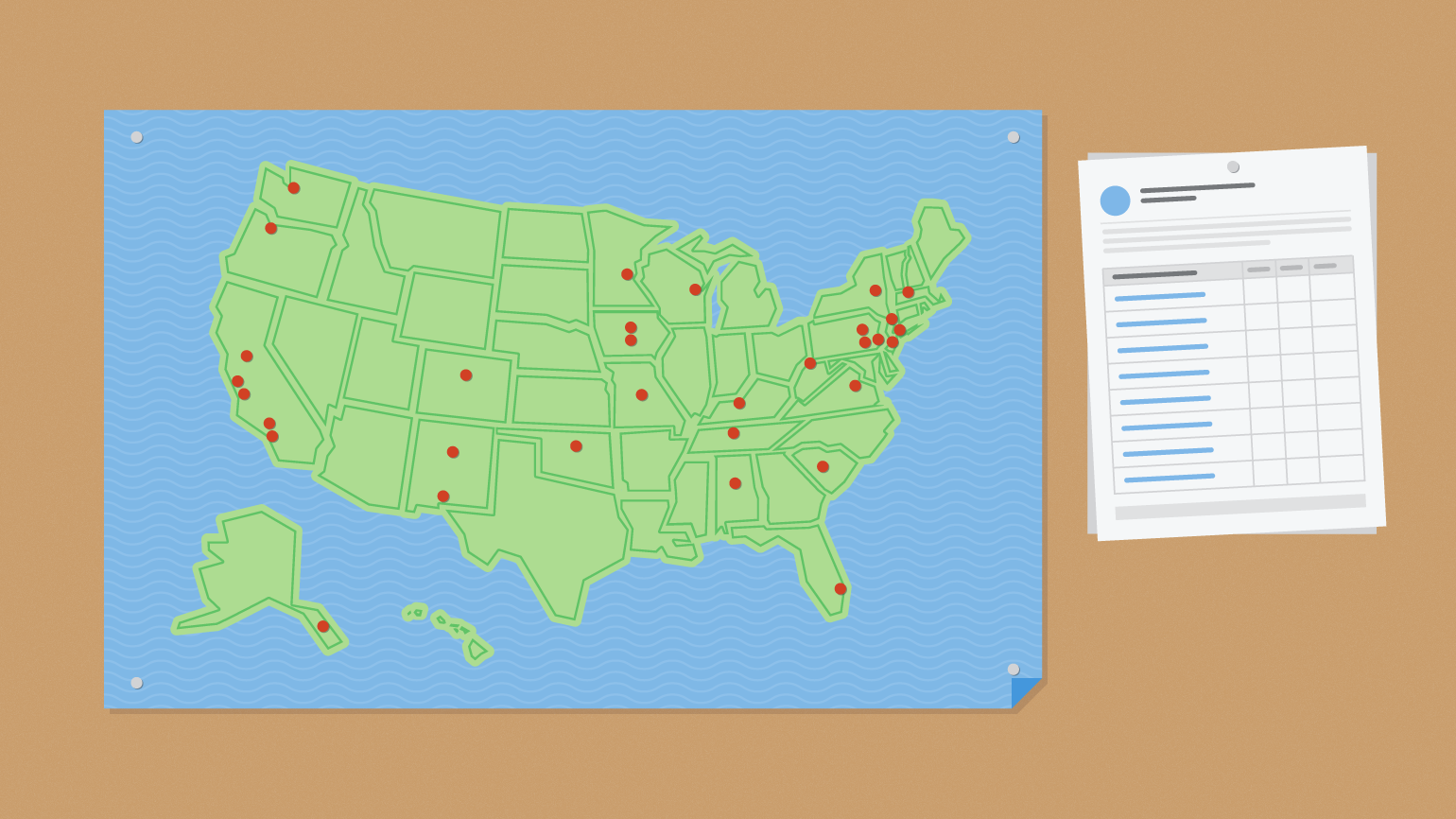 Map showing pins at locations of the 30 new organizations joining the 2017 cohort